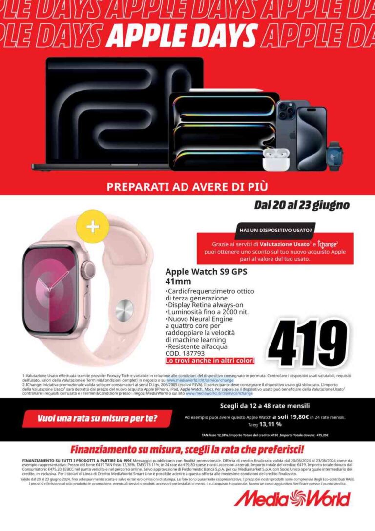 Volantino Mediaworld Apple Days dal 20 al 23 giugno 2024