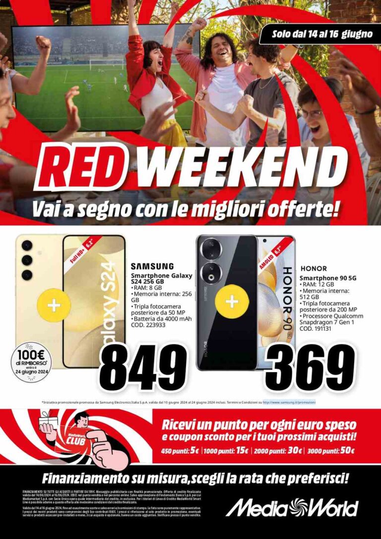 Volantino Mediaworld Red Weekend dal 14 al 16 giugno 2024