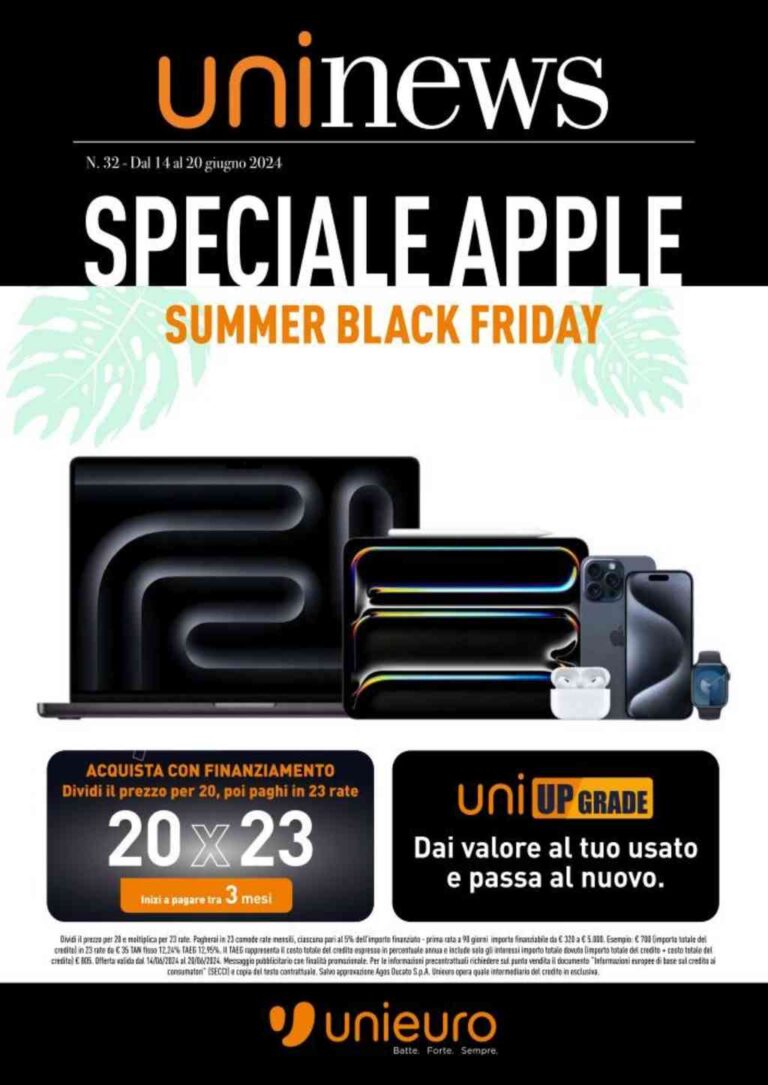 Volantino Unieuro dal 14 giugno 2024: Black Friday Summer Apple