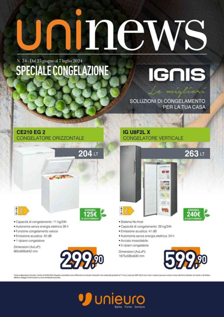 Volantino Unieuro Congelatore dal 25 giugno al 7 luglio 2024
