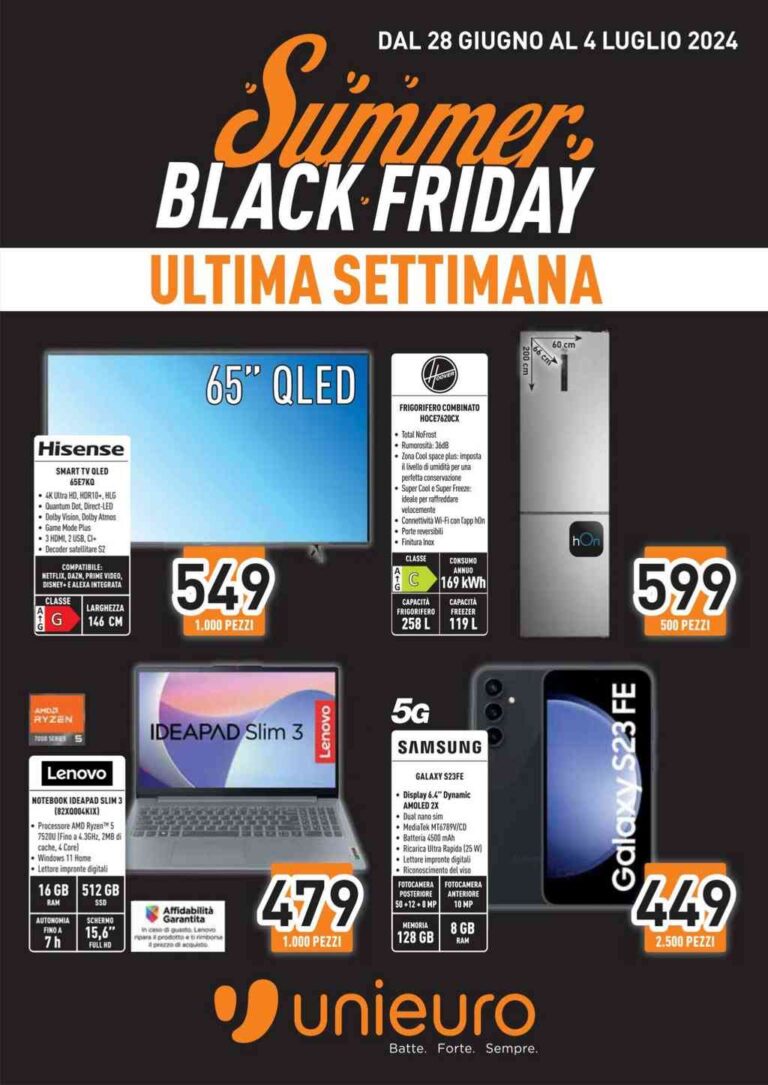 Volantino Unieuro Black Friday Summer dal 28 giugno al 4 luglio 2024