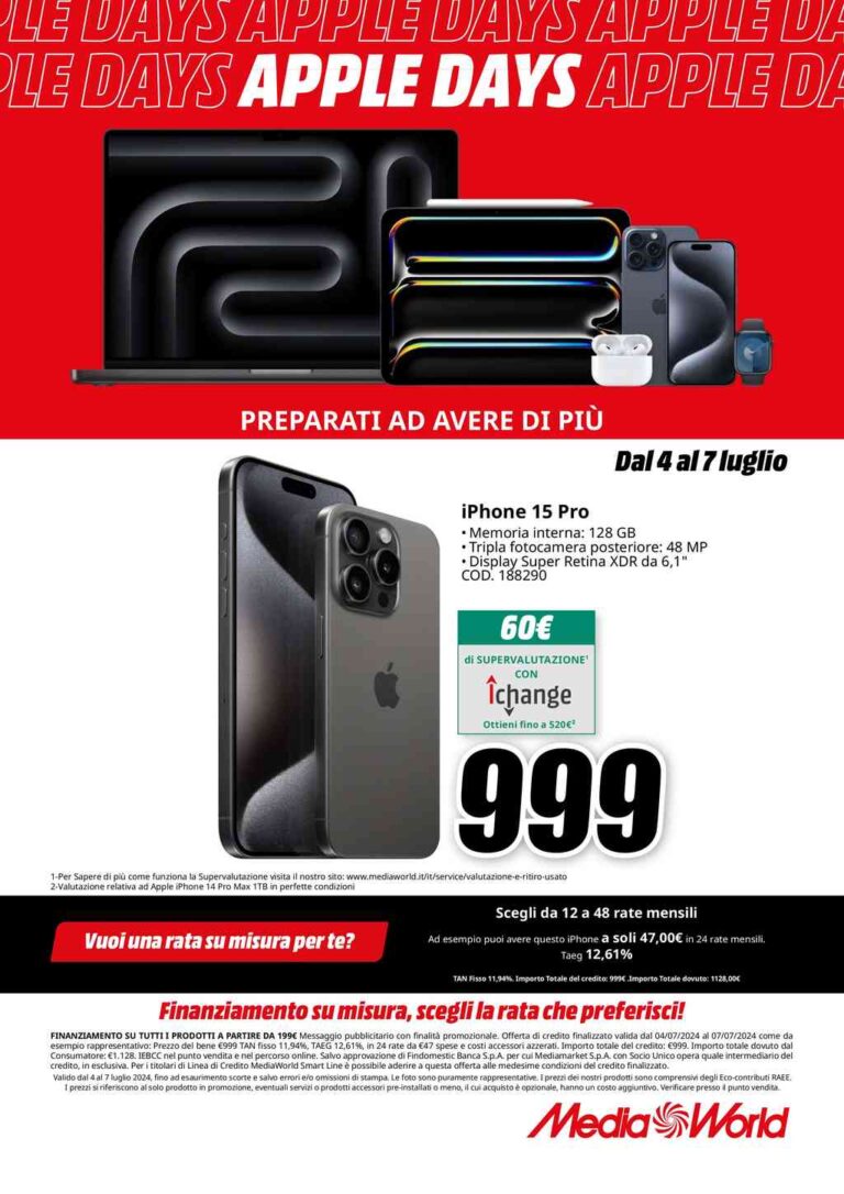 Volantino Mediaworld Apple Days fino al 7 luglio 2024
