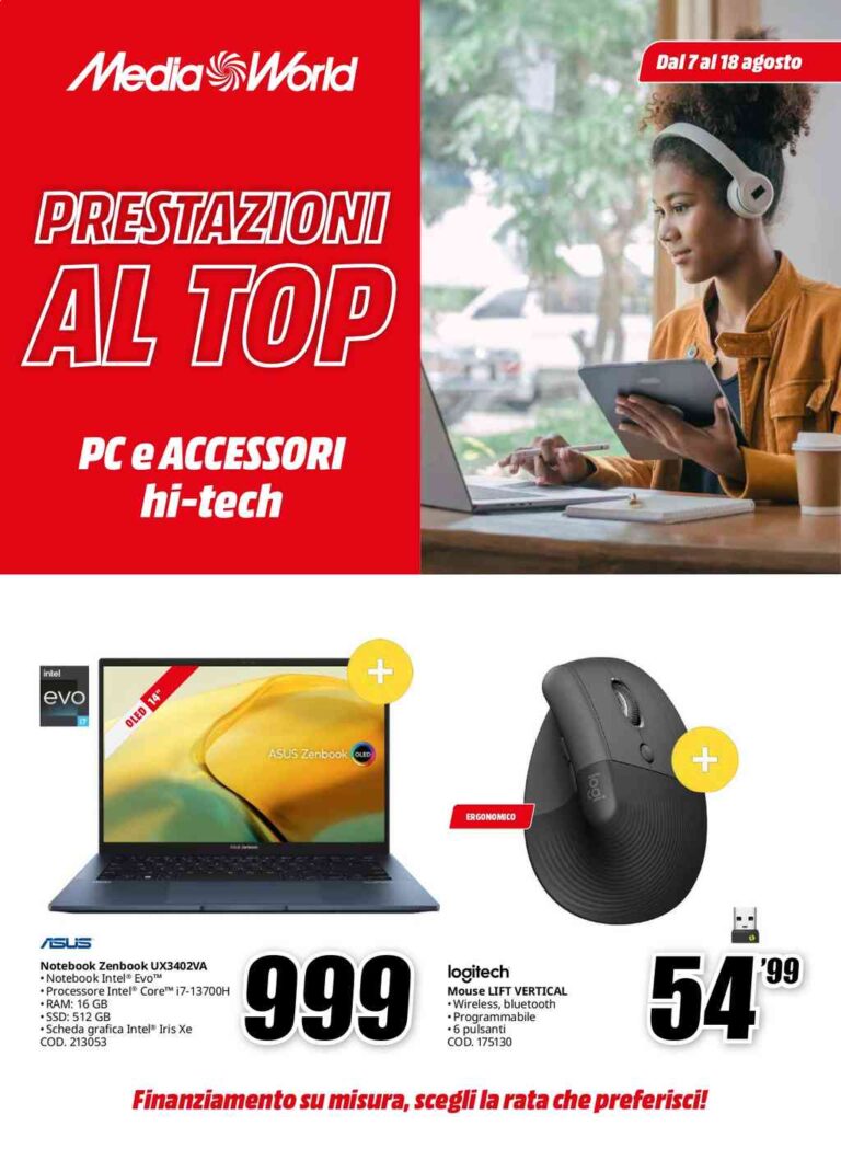 Volantino Mediaworld Pc e Accessori dal 7 al 18 agosto 2024