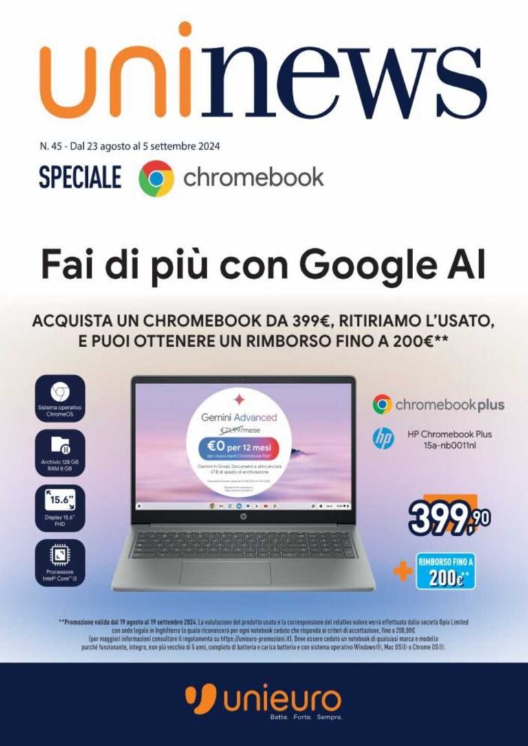 Volantino Unieuro Chromebook dal 23 agosto al 5 settembre 2024