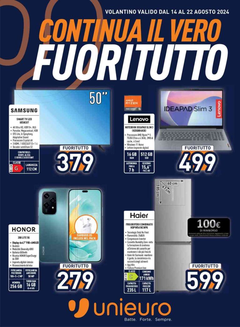 Volantino Unieuro dal 14 al 22 agosto 2024