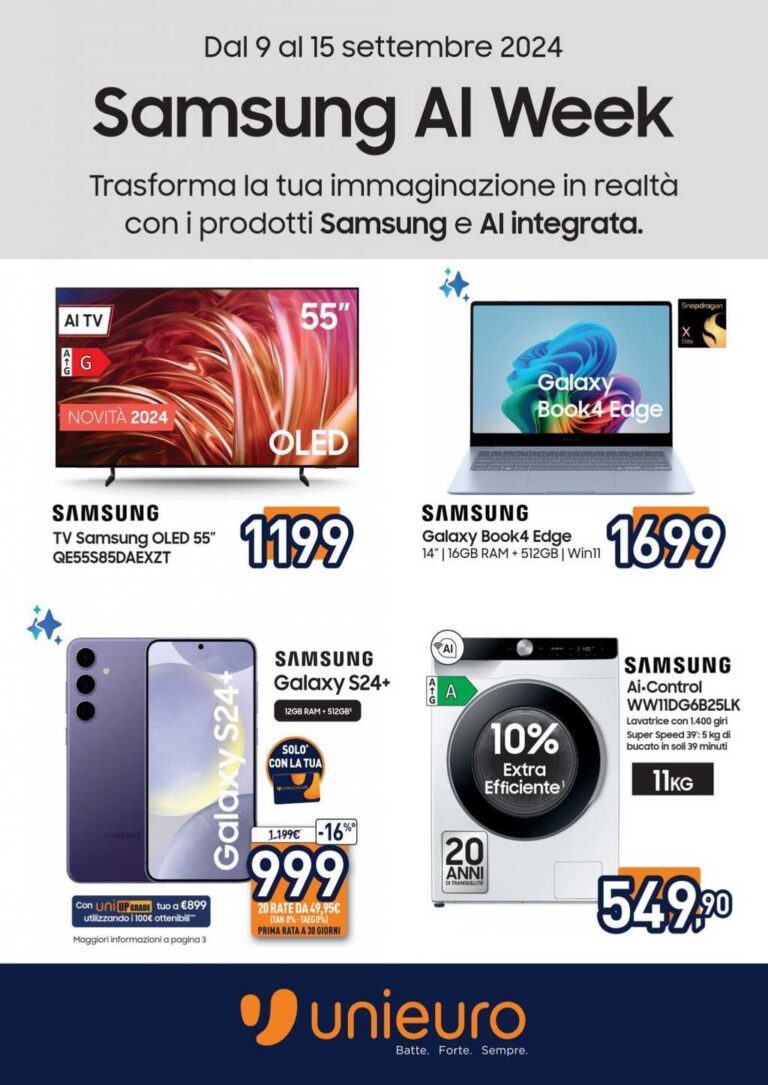 Volantino Unieuro Samsung AI Week dal 9 al 15 settembre 2024
